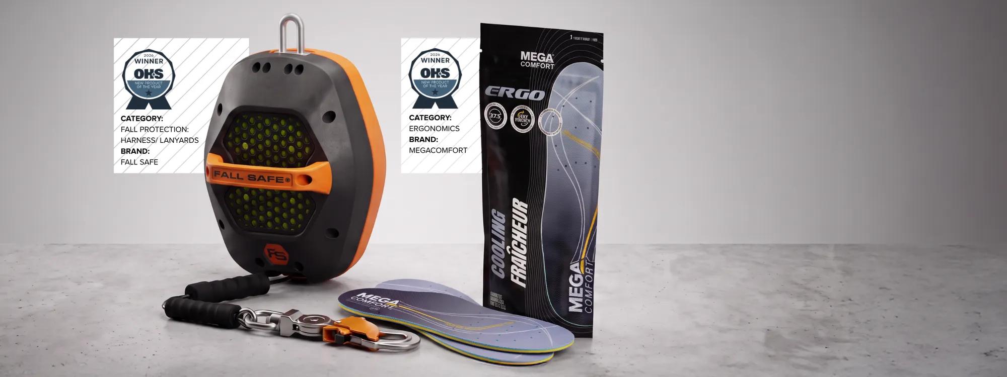 Fall Safe F.L.O. fall protection device and MEGAComfort Cooling insoles, each displayed with a 2026 OH&S New Product of the Year award badge, on a rooftop steel beam.