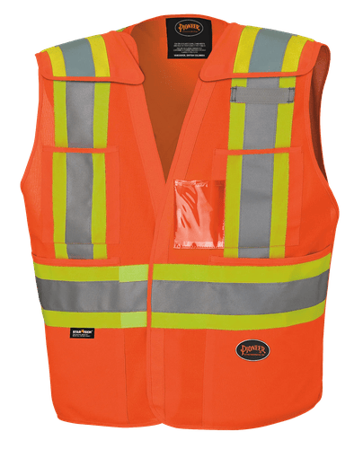 Pioneer Hi-Vis Surveyor Safety Vest – 12 Pockets, 600D PU-Coated Oxford, Red, With Snap Closure And StarTech Reflective Tape